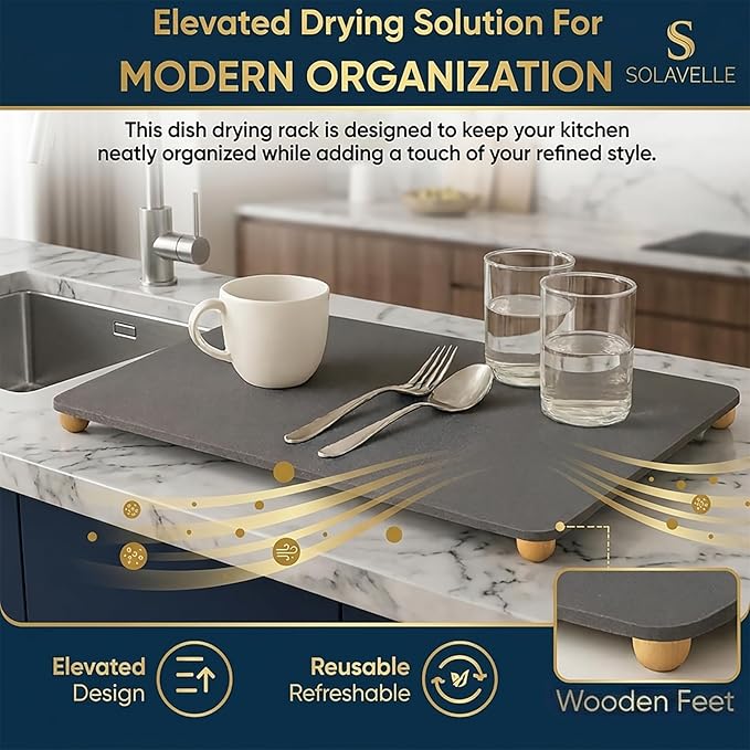 Stone Drying Mat for Kitchen Counter with 5 Wooden Feet 19.7×14.7 Diatomaceous Earth Dish Drying Mat Elevated Drying Stone Mat for Modern Kitchen Countertop (Dark Gray Standard-Solid)