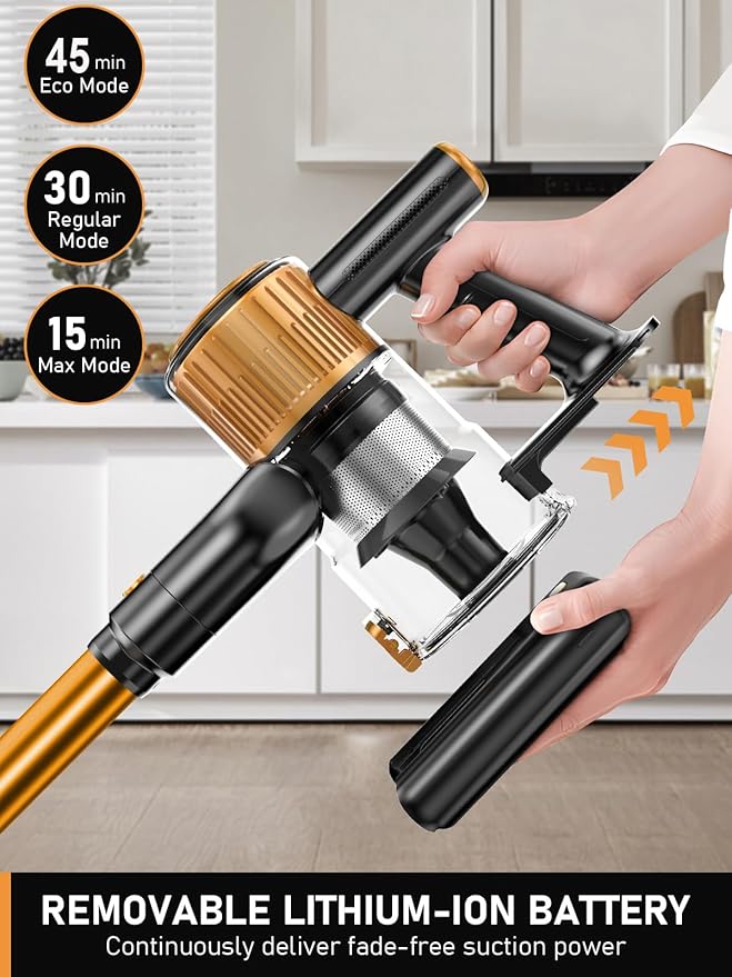 Cordless Vacuum Cleaner 8 in 1 Vacuum Cleaner for Home with LED Display 3 Suction Modes 45mins Runtime Lightweight Stick Vacuum for Home Hardwood Floor Pet Hair Carpet (Orange)