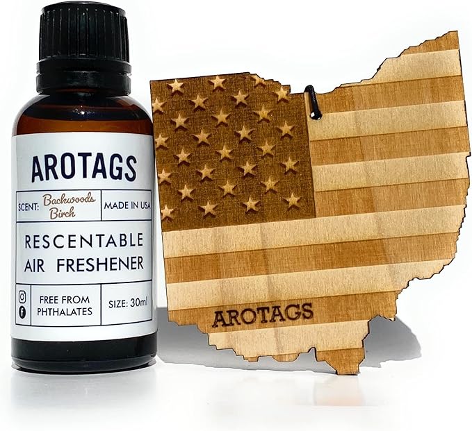 Arotags Car Air Freshener - Reusable Wood Diffuser - Hanging Odor Eliminator - Ohio Patriot - Balsam &amp Cedar Scent