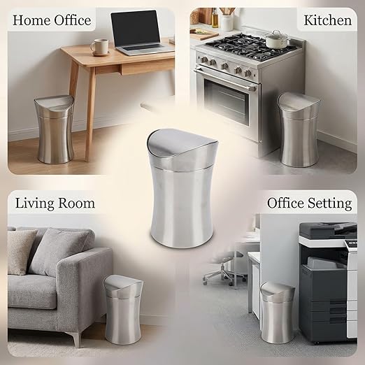 Compact Mini Countertop Trash Can 304 Stainless Steel 1.5 Gallon with Swing Lid - Odor Control Easy Clean Design Tiny Garbage Desktop Trash Cans Ideal for Home Office Bathroom Use