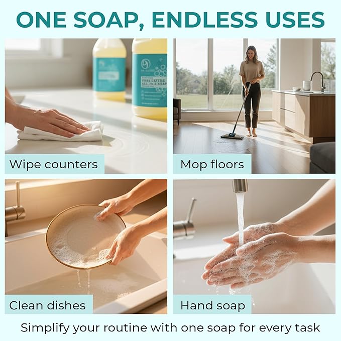 Dr. Jacobs Naturals Pure Castile Soap 64 oz Value Size - Unscented - Made in USA - All-in-One Plant-Based Multipurpose Cleaner for Floors Counters Dishes &amp Laundry Gentle on Skin Biodegradabl