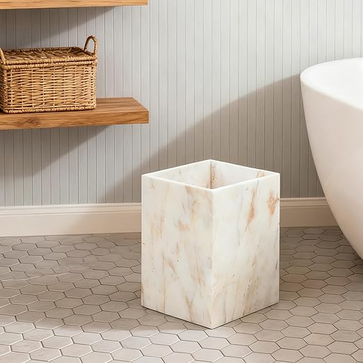 Elegant White Gold Marble Wastebasket Trash Can 7 X 7 X 9 Rectangular Trash Can with Natural Veining Marble Basket for Bathroom Bedroom Powder Room