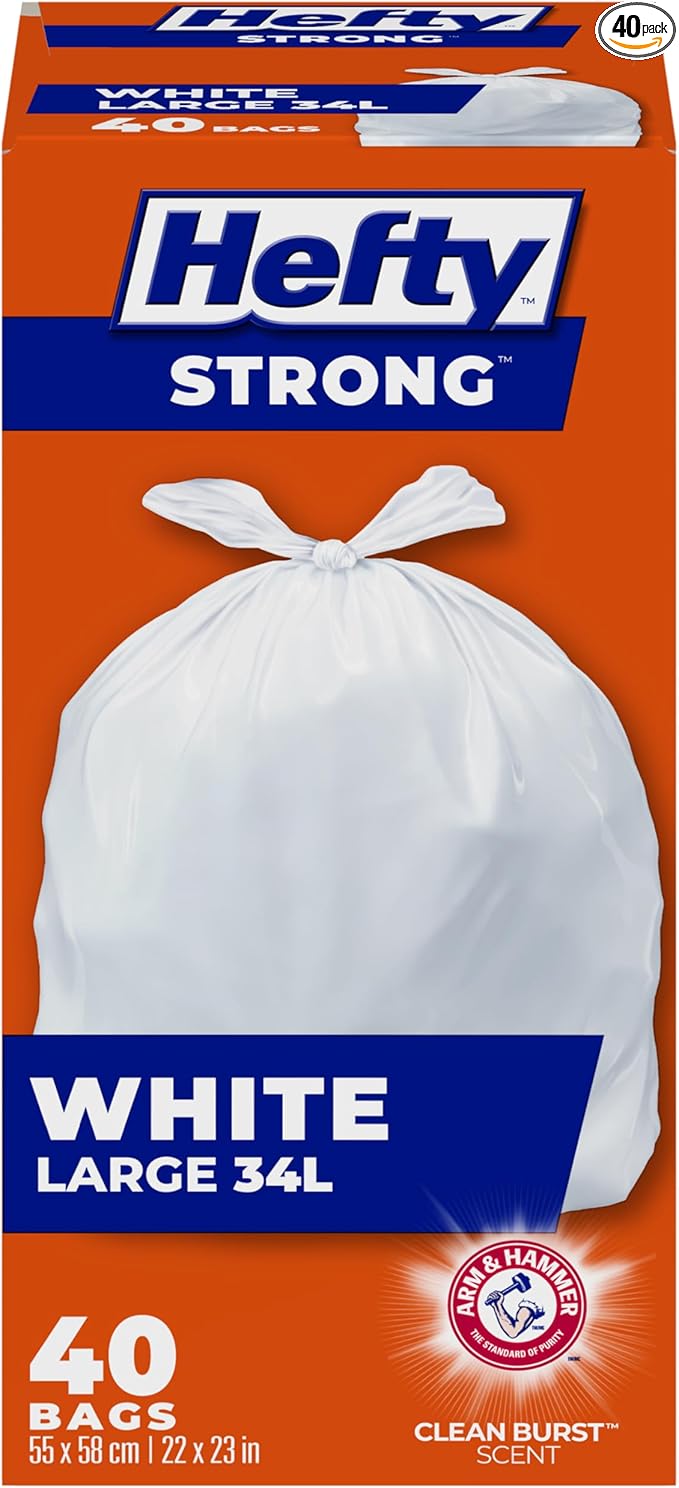 Hefty® Garbage Bags Strong Large 34 Litres White Kitchen Easy Flaps Arm &amp Hammer odour neutralizer 40 Bags