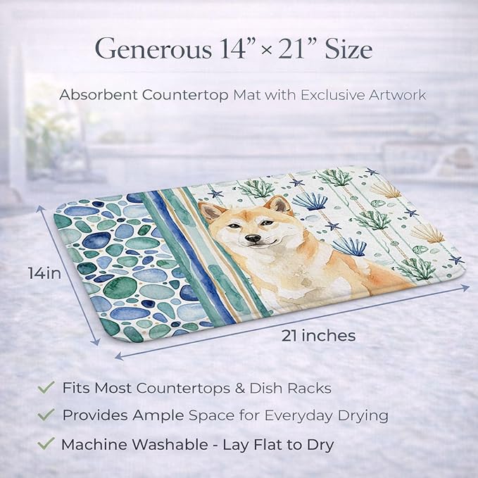 Caroline's Treasures Cream Shiba Inu Coastal Sea Glass Dish Drying Mat Absorbent Dish Drying Mat Pad for Kitchen Counter Dish Drainer Mat for Countertop 14 x 21 Multicolor