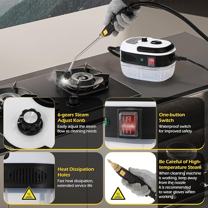 Dyna-Living 2500 Steam Cleaner with 1000ml Tank &amp 1500W Engine Steam Cleaner with 42.2 oz Tank Portable Steamer for Car Detailing Home Floor Carpets Tile