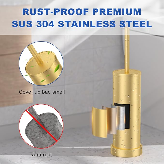 Toilet Brush and Holder Set: 304 Stainless Steel Brushed Gold Toilet Bowl Brush and Holder with Removable Inner Bowl and Splash Protection Heavy Duty Long Handle Bathroom Cleaning Tool