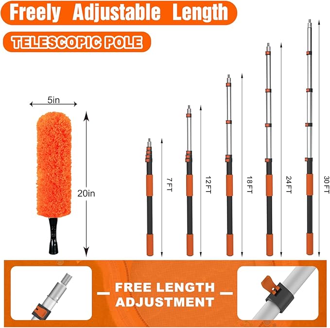 36FT Reach High Ceiling Duster Kit Window Cleaning kit with 7-30FT Extension Pole Fan Duster for Ceiling Fan Blades Microfiber Feather Duster Rotatable Window Squeegee and Cobweb Duster