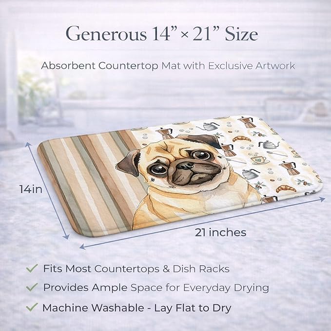 Caroline's Treasures Fawn Pug Coffee Bar Dish Drying Mat Absorbent Dish Drying Mat Pad for Kitchen Counter Dish Drainer Mat for Countertop 14 x 21 Multicolor