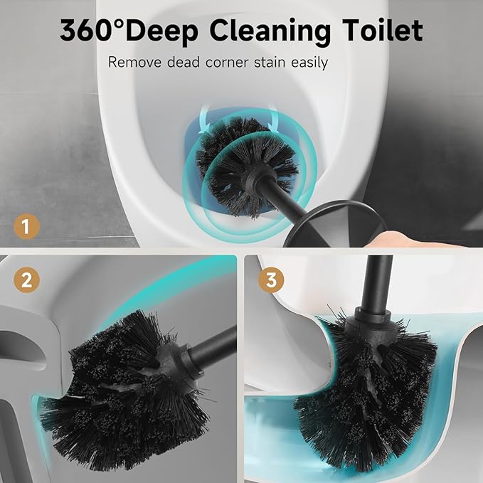 Black Toilet Brush and HolderExtra Long Handled Toilet Brush for BathroomStainless Steel Heavy Duty Toilet Bowl BrushDeep Cleaning Modern Toilet Cleaner Brush -Space Saving