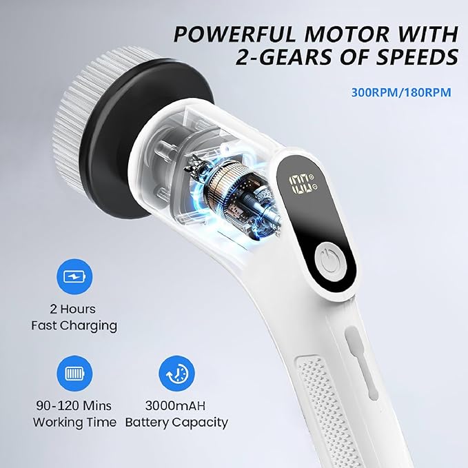 APLUSH Electric Spin Scrubber Cordless Cleaning Brush Scrubber for Home 8 Replaceable Brush Heads Shower Scrubber with Adjustable Extension Handle for Cleaning FloorsBathtubsTiles Sink
