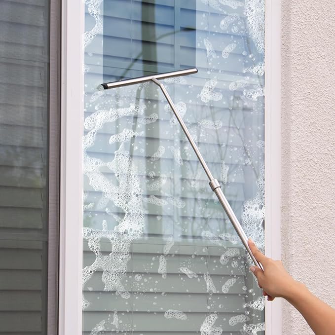 Shower Squeegee with Long Handle and Adhesive Hook. for Glass Doors Tile Walls Mirrors and Windows. Telescoping Squeegee for Cleaning. Bathroom Stainless Steel Squeegee 10inch Wide Chrome – 1pk