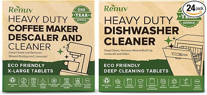 Renuv® Dishwasher Cleaner + Coffee Maker Cleaner Bundle - Heavy Duty Kitchen Appliance Deep Cleaning Descaling (12 Tablets of each)