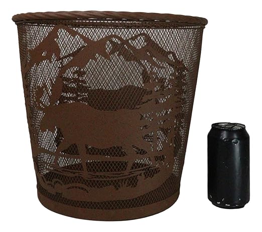 Ebros Rustic Moose Deer Roaming Pine Trees Forest by The Mountains Rust Finish Metal Wire Waste Basket Bin 13 Wide Bear Home and Bathroom Accent Western Country Cabin Lodge Decorative Trash Can