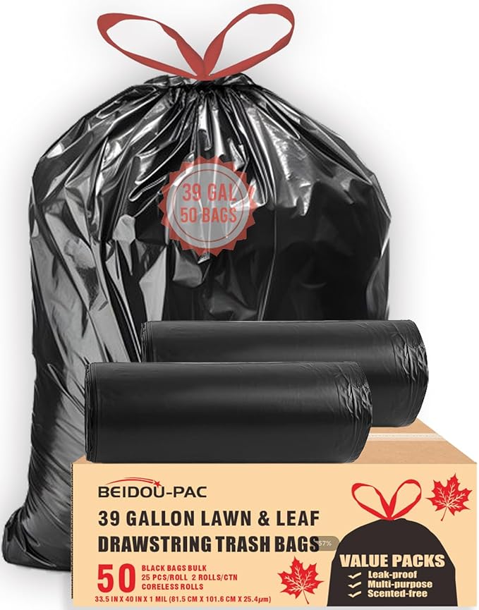 39 Gallon Lawn &amp Leaf Trash Bags Drawstring 50 Count Heavy Duty Black &amp Unscented Plastic Bags Multi-purpose Garbage Bags for Home Commercial Outdoor Construction Industrial