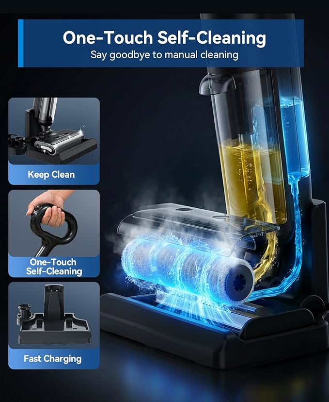 Redroad Wet Dry Vacuum Cleaner22KPa Wet Dry Vacuum Mop with Self-CleaningCordless Vacuum Mop All in OneUp to 75 Mins RuntimeOne-Step Self CleaningAnti-Tangle DesignSmoothDrive TechLightweight