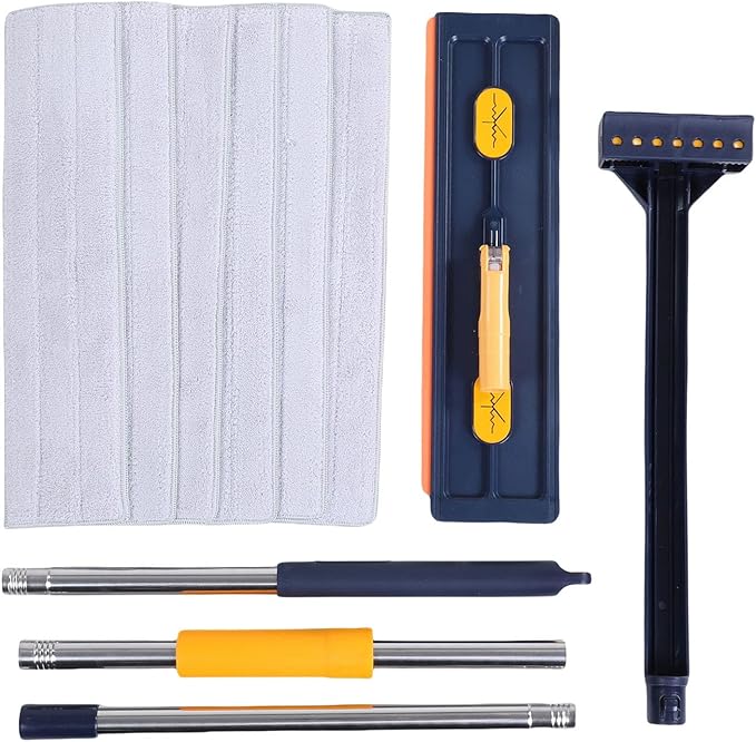 ZJchao Mops for Floor Cleaning Flat Mop with 6pcs Microfiber Reusable Pads System with Dewatering Scraper Stainless Steel Handle (Dark Blue+6 Microfiber Reusable Pads)