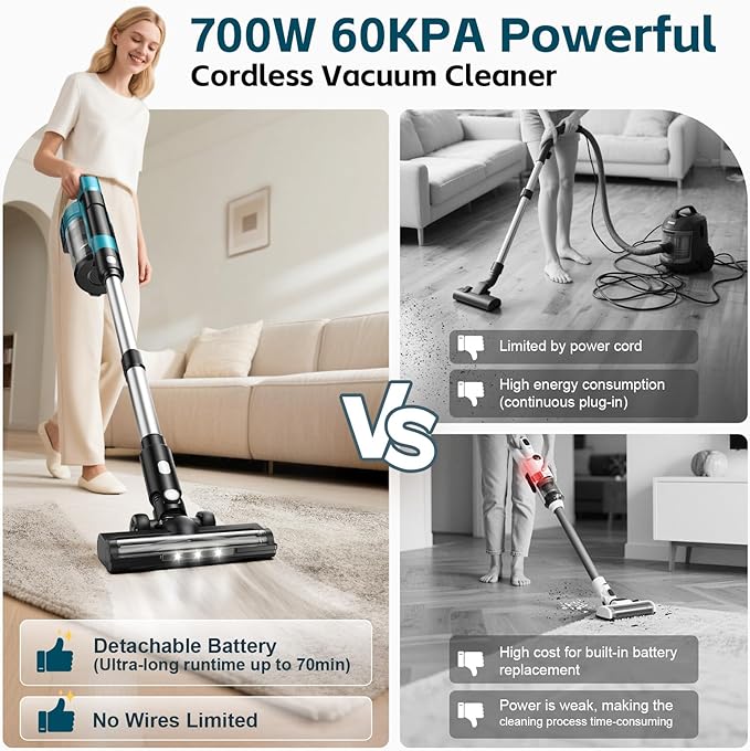 8000mAh Cordless Vacuum Cleaner 700W 60Kpa Brushless Vacuum Cleaners for Home 6 in 1 Cordless Stick Vacuum Clearner Stick Vacuum with Led Display for Hard Floors/Carpet/Pet Hair/Dorm