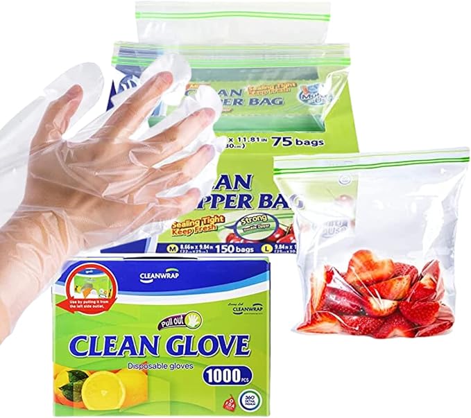 CleanWrap Complete Hygiene Solution - 1000 Pieces of Premium LDPE Disposable Gloves and 225 Zipper Bags