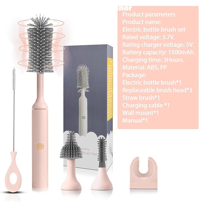 Electric Baby Bottle Brush Set with Rechargeable Electric Bottle Brush Cleaner and Replaceable Silicone Bottle Brushes and Straw Brush Cleaner Waterproof Multi-Purpose Cleaning Brush(Pink)