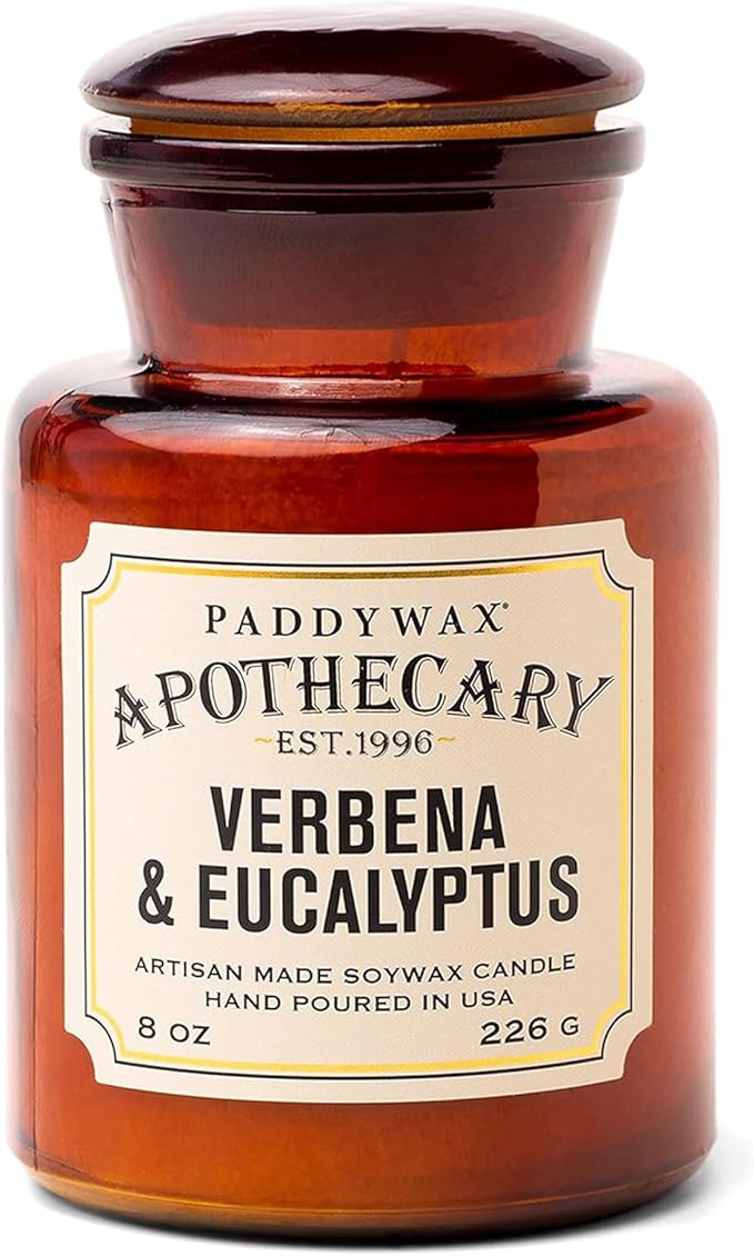Paddywax Artisan Apothecary Scented Candle with Lid in Reusable Glass Jar Clean-Burn Soy Candle with Approx. 54 Hour Burn Time Verbena &amp Eucalyptus 8 oz.