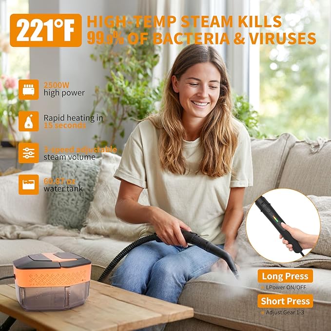 Steam Cleaner3-Level Adjustable Handle60.87oz Tank 15s Heat-Up2500w Portable Steamer for CleaningHandheld Steam Cleaner for Home for DirtGreaseBed BugsGroutTileFloorCar