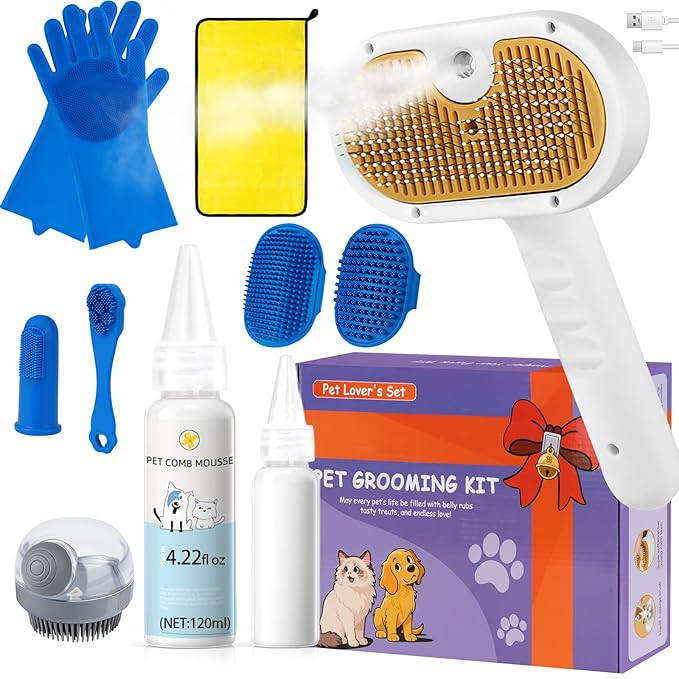 Pet Steam Brush for Dog &amp Cat – shower bath brush – Steam for Shedding &amp Grooming Water Brush for Long &amp Short Haired Pets Spritz Defur Comb 3-in-1 Spray Hair Removal Comb Includes 1*Water