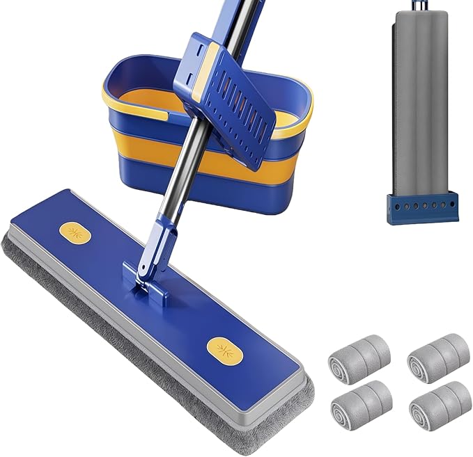 Self-Wringing 360° Flat MopHands-Free Wet &amp Dry Mop with Scalable BucketAdjustable Large Flat 360° Rotating Mops with 6 Washable Microfiber Padsfor Tile Hardwood (4 Microfiber Pads)
