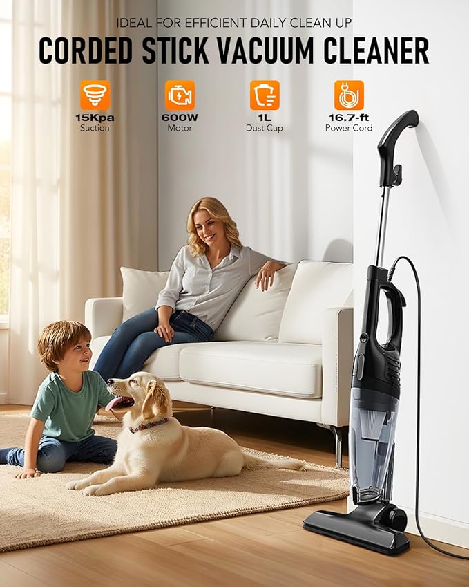 Corded Stick Vacuum Cleaner 15000Pa Powerful Suction Lightweight 3 lbs Corded Vacuum for Pet Hair &amp Hard Floors Long 16.7ft Cord 1L Dust Cup &amp Crevice Tool Included (Black)