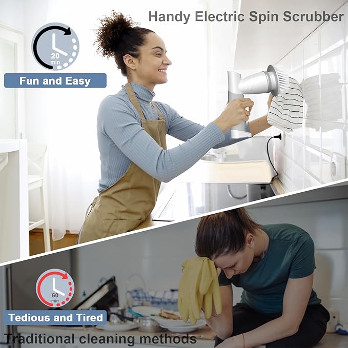 Electric Spin Scrubber Bathroom Shower Electric Scrubber for Cleaning Tub/Tile/Floor/Sink/Window Power Cleaning Brush Rechargeable Cordless with 4 Replaceable Cleaner Brush Heads