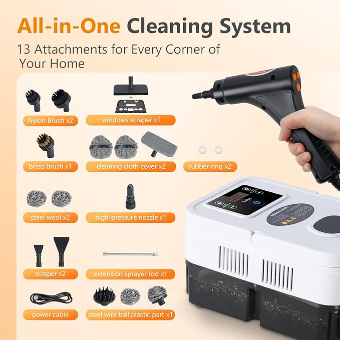 Steam Cleaner for Home &amp Car 15s Fast Heat-Up 1.2L Large Tank 221°F High-Temp Portable Handheld Steamer for Deep Cleaning Grout Tile Grease Floors &amp Sanitizing Furniture Couch Car Deta