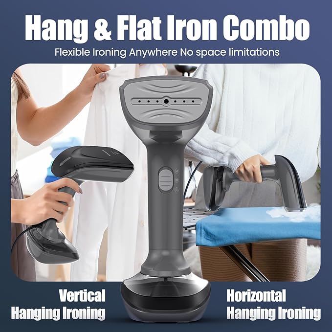 Powerful Handheld Fabric Steamer - 1800W with Fast Ceramic Heat-Up Plate 2-in-1 Ironing &amp Wrinkle Remover Steam Nozzle Lint Brush - Gray for US 120V Only