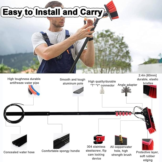 Water-Feeding Telescopic Rod Window Cleaner with Telescopic Handle Water-Fed Rod Set with Hose Shower Solar Panel Cleaning Device for Cleaner Exterior Windows(35cmbrush 3.6M/12FT)