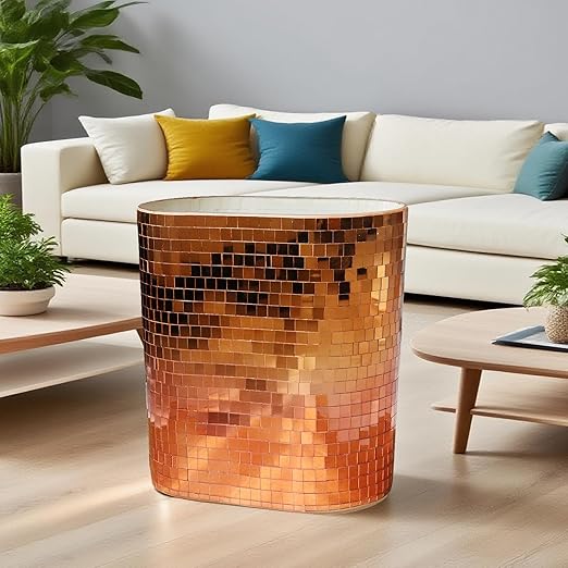 WDHODEC Rose Gold Mosaic Waste Basket (9.8 Tall) | Narrow Oval Decorative Trash Can for Bathroom Vanity &amp Toilet Side | Luxury Handcrafted Mirror Accent Dual-Use Flower Vase