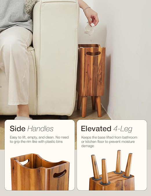 2 Gallons Wooden Trash Can 4 Legs - Acacia Wooden Bin Wood Bathroom Accessories - Small Bin Waste Basket for Bedroom Office Garbage Can - Decorative Bathroom Trash Can - Patent Pending