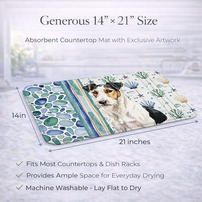 Caroline's Treasures Smooth Fox Terrier Coastal Sea Glass Dish Drying Mat Absorbent Dish Drying Mat Pad for Kitchen Counter Dish Drainer Mat for Countertop 14 x 21 Multicolor