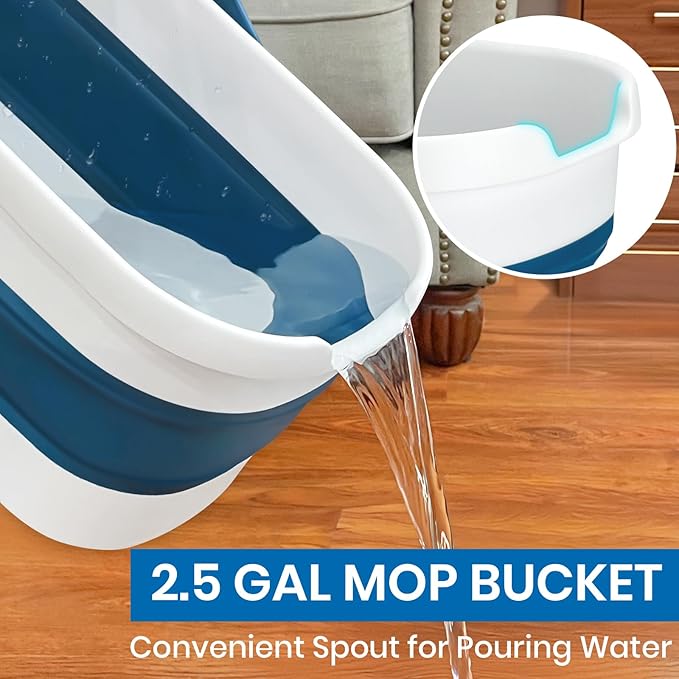 Collapsible Mop and Bucket Set with Scrub Mop and Brush Tile Laminate Hardwood Floor Brush and Flat Mops for Floor Cleaning Foldable Bucket with Washable Microfiber Mop(Blue)