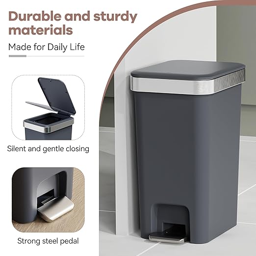 Small Bathroom Trash Can with Lid Soft Close 10 Liter/2.6 Gallon Slim Garbage Can-Metal Step and Press top Lid Mini Modern Waste Basket for Toilet Office BedroomDormDark Gray