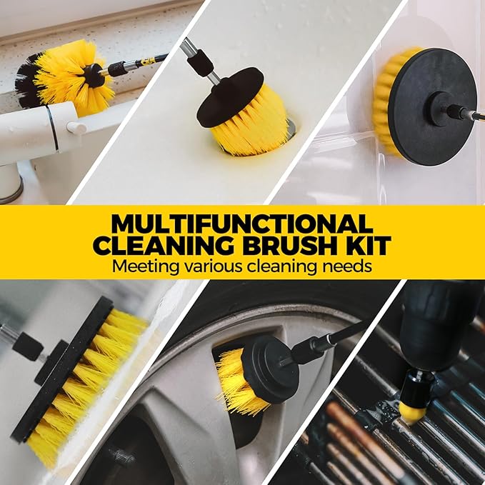 Holikme 30 Piece Drill Brush Set Scrub Pads Scrubber Brush with Extend Long Handle Clean for Grout Tiles Bathtub Bathroom Kitchen Black