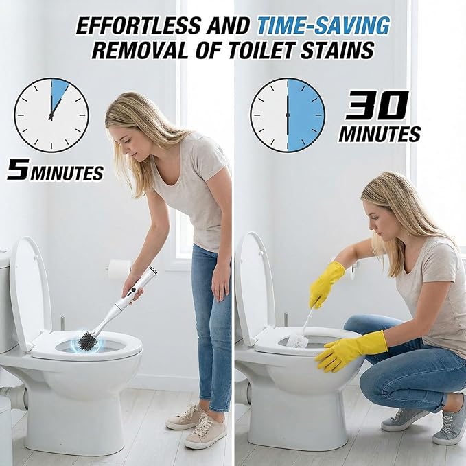Electric Toilet Brush Scrubber and Holder SetElectric Toilet Bowl Cleaning Kit with 8 Disposable Refill HeadsHard Nylon Brush and Soft Silicone Brush