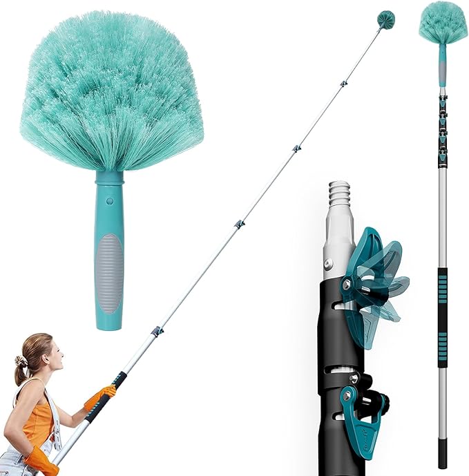 30 Feet High Reach Cobweb Duster with 6-24Ft Extension Pole Webster Cobweb Duster with 5-Stage Telescopic Aluminum Pole Spider Web Brush for Outdoor &amp Indoor Cleaning - Soft Bristles.