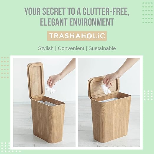 Light Wood Grain Indoor Trash Can w/Removable Cover - 3.4-Gallon Modern Waste Bin for Office Bedroom Bathroom - Slim Garbage Basket with Plastic Trash Bag Holder - Covered Diaper Trash Can