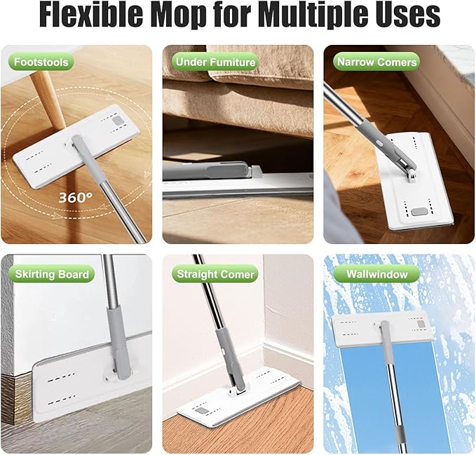 Flat Floor Mop and Bucket Set with Wringer Flat Mops for Floor Cleaning Wall Mop Cleaner with Long Handle Hardwood Floor Mop with 3 Microfiber Pads (F)