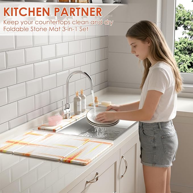3 PCS Large Stone Dish Drying Mat for Kitchen Counter -24x16 Absorbent Diatomaceous Earth Mat with Stone Faucet Mat &amp Soap Tray - Quick Dry Collapsible Non-Slip Countertop Organizer