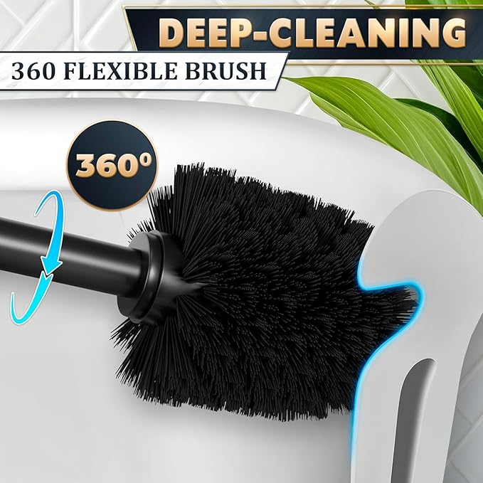 2 PCS Black Toilet Brush and Holder Set - Scratch Resistant Black Toilet Bowl Brush and Holder with Soft Bristles Replaceable Head Protection from Splashes and Compact Design - for Cleaning