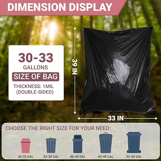 30-33 Gallon Trash Bags Heavy Duty 1 Mil - 33 x 39 200 Count Large Black Garbage Bags 30+ Gallon Strong Plastic Trash Can Liners for Home Kitchen Commercial Lawn and Leaf