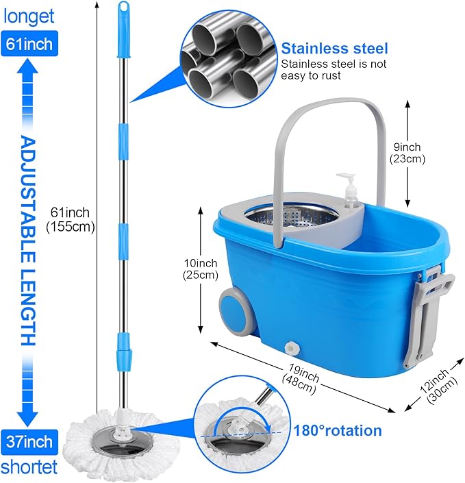 Mop Bucket with Wringer Set Extended Stainless Steel Handle 3 Microfiber Replacement Mop Head Refills 2 Wheels for Household Cleaning Hardwood Floor Tiles Blue/Gray