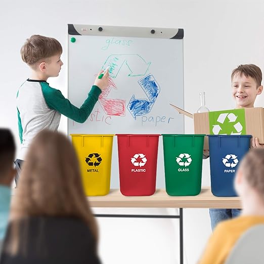 Acrimet Wastebasket Bin for Recycling 3.25 Gallon/13 Quart/12 Liter (Made of Plastic) (Metal/Yellow Paper/Blue Glass/Green Plastic/Red) (Set of 4)