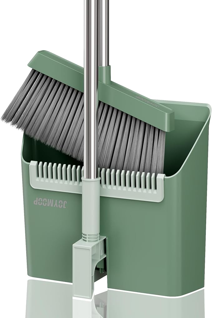 JOYMOOP Dark Teal Green Broom and Dustpan Set Upright Angle with Built-in Comb Teeth Ideal for Home Office Hardwood Pet Hair