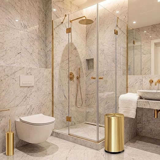 Maxdot 2 Pcs 8 Gallon/30 L Gold Bathroom Trash Can with Flip Lid and Toilet Brush Set Large Luxury Stainless Steel Garbage Trash Can Wastebasket Bin for Commercial Office Hotel Bathroom Shopping Mall