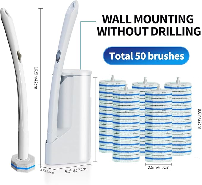 Disposable Toilet Brush Cleaning System with 50pcs Refills Pads Replacement Heads Toilet Cleaning Stick Wall Mounted Toliet Wand Kit Bathroom Maintenance Toilet Bowl Cleaner Wands Holder and Set